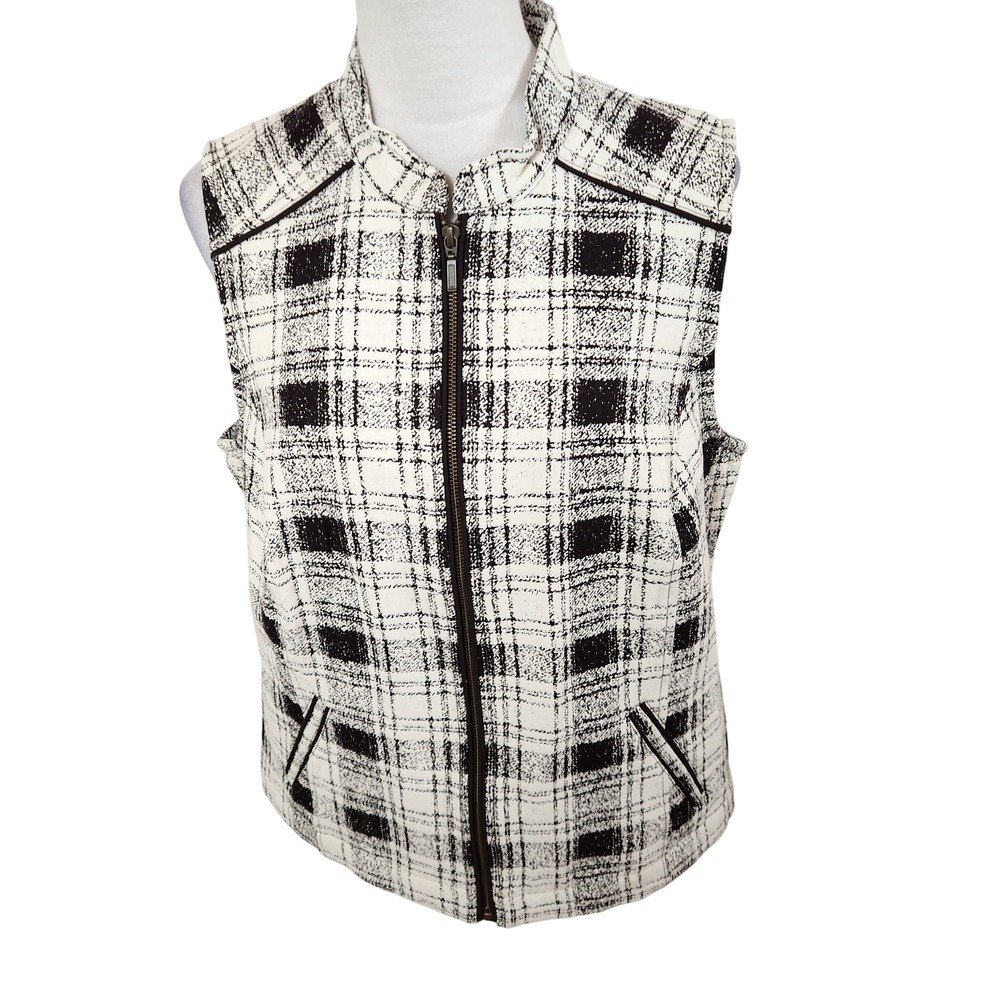 CJ Banks Women Black White Buffalo Plaid Zip Front Vest Size XL Front Pockets